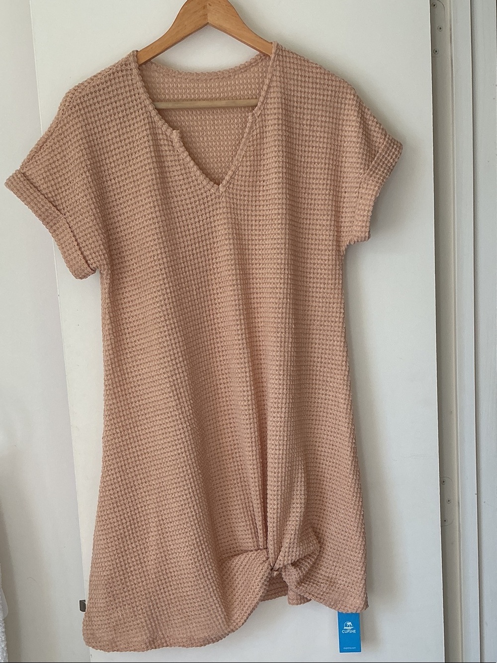 Waffle Knit V-Neck Tunic Top in Blush by CUPSHE